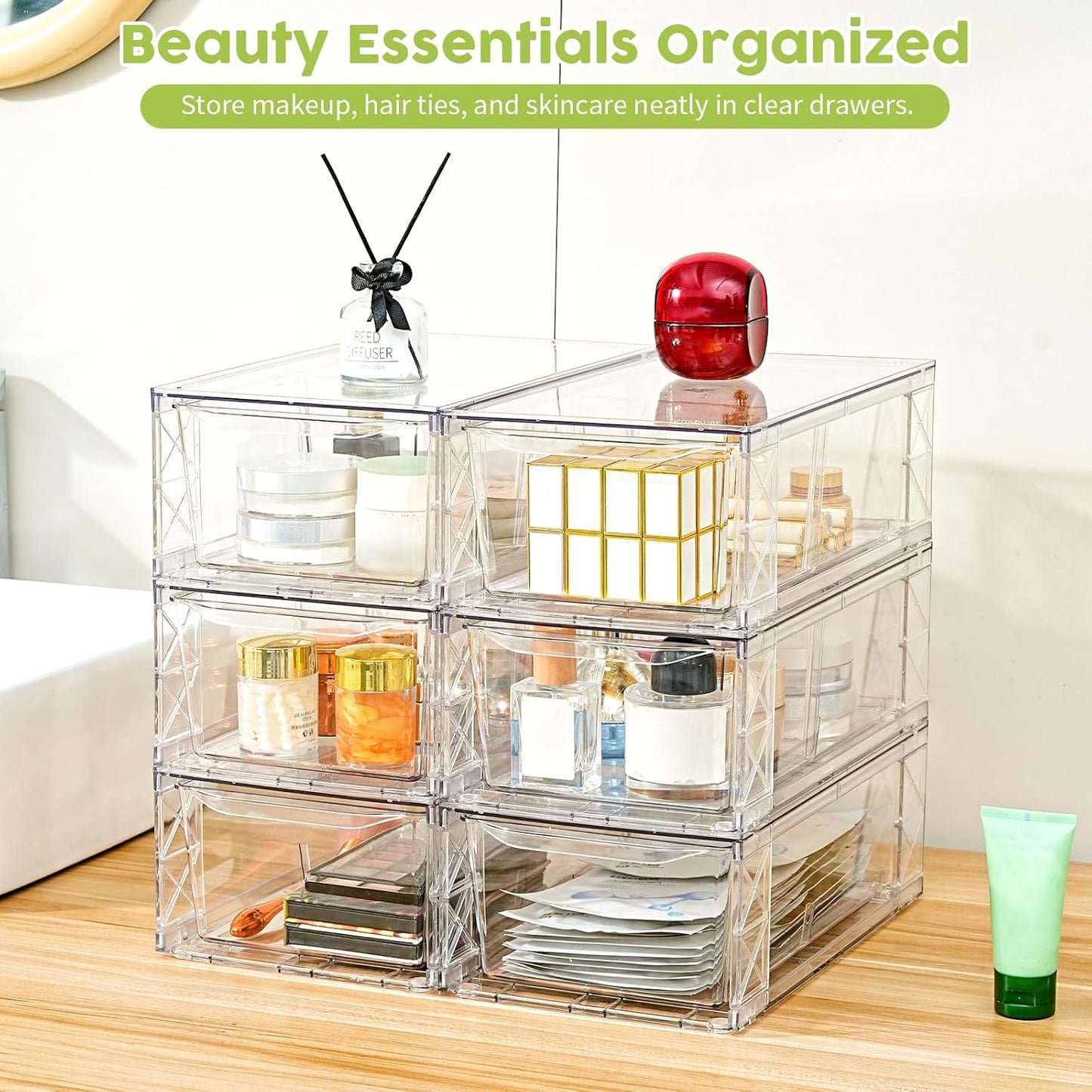 6Pack Acrylic Storage Drawers, Clear Stackable Storage Drawers, Acrylic Storage Bins with Drawers for Fridge Organizers, Plasticdrawers Stackable for Makeup Organizers Cosmetic Display, Medium