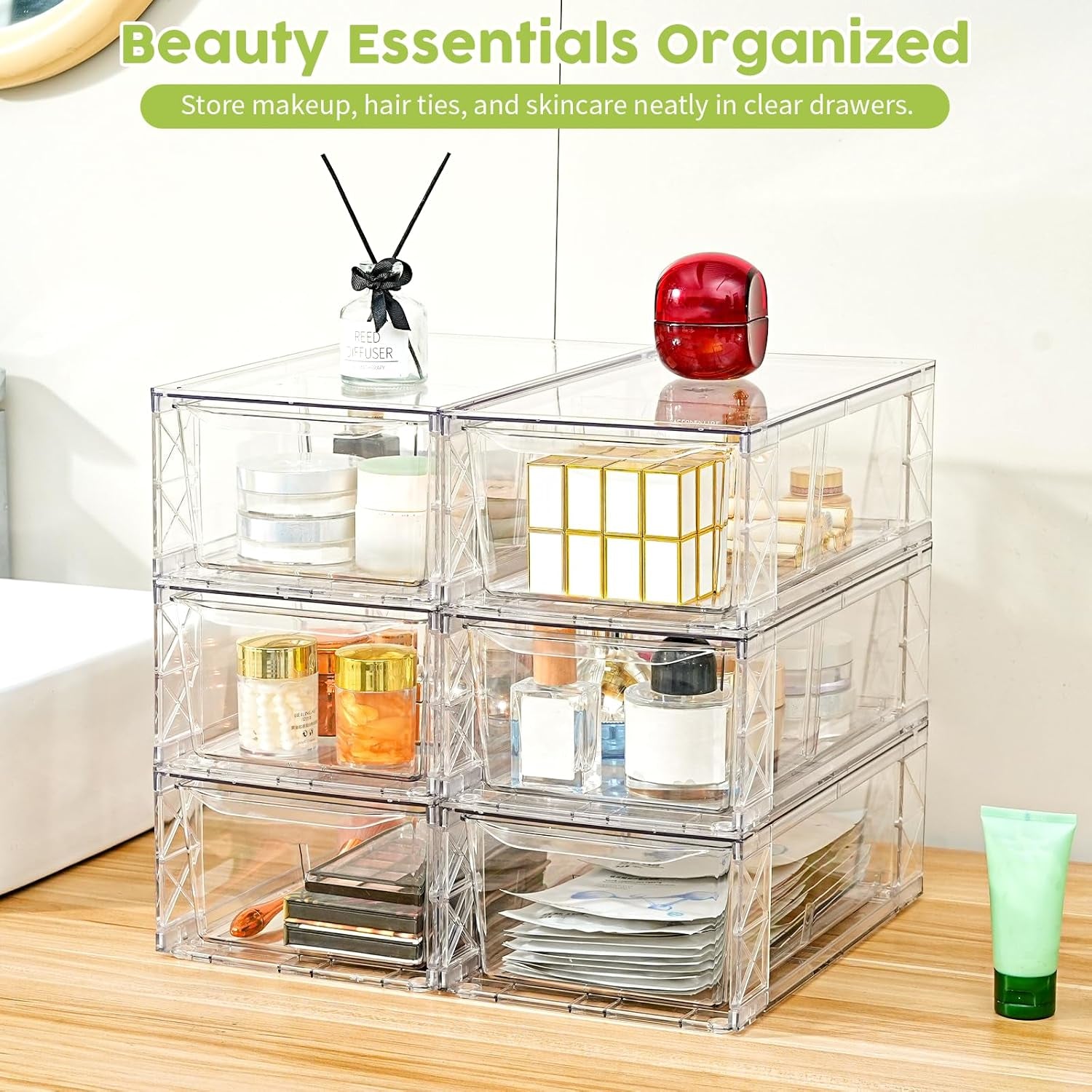 6Pack Acrylic Storage Drawers, Clear Stackable Storage Drawers, Acrylic Storage Bins with Drawers for Fridge Organizers, Plasticdrawers Stackable for Makeup Organizers Cosmetic Display, Medium