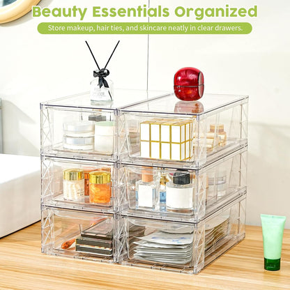 6Pack Acrylic Storage Drawers, Clear Stackable Storage Drawers, Acrylic Storage Bins with Drawers for Fridge Organizers, Plasticdrawers Stackable for Makeup Organizers Cosmetic Display, Medium