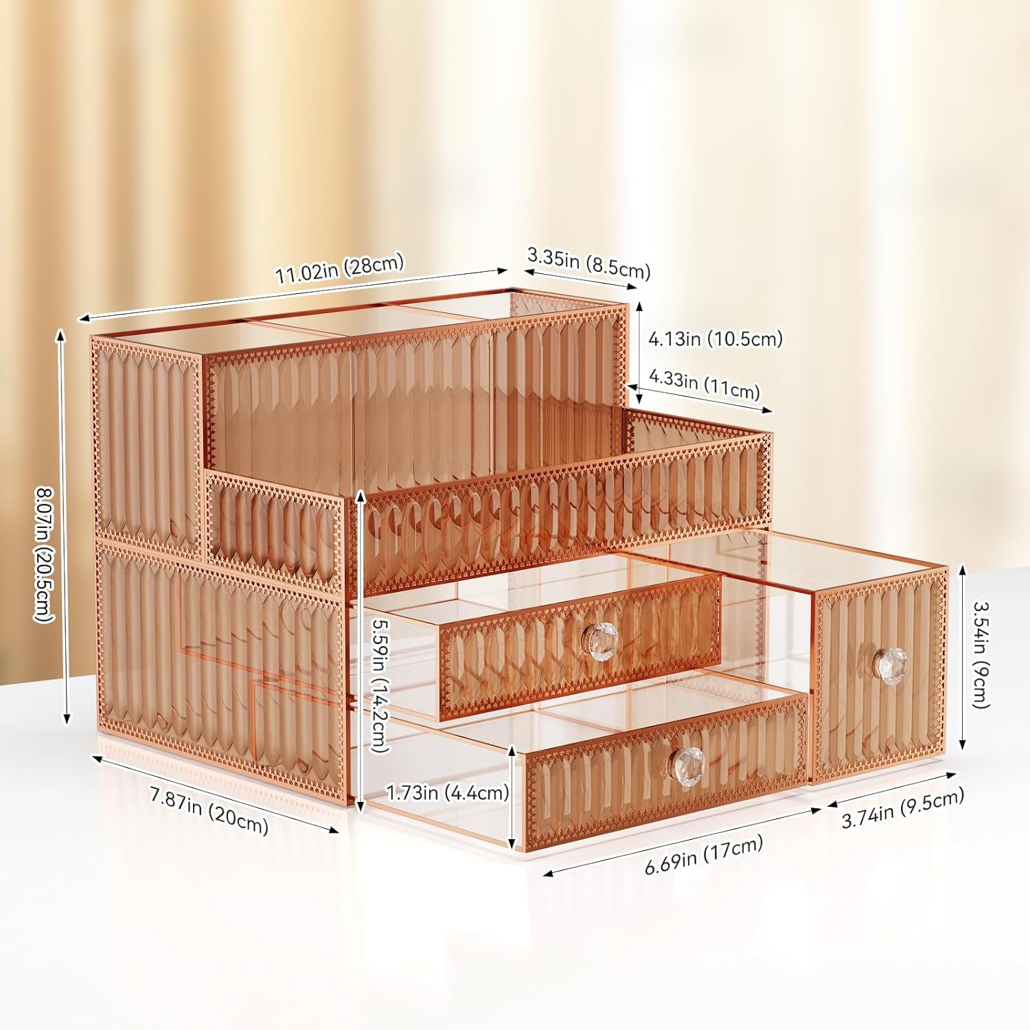 Youdepot Tempered Glass Makeup Organizer Countertop for Vanity & Skincare + 5-Drawer Glass Jewelry Box Organizer for Women with Velvet Storage