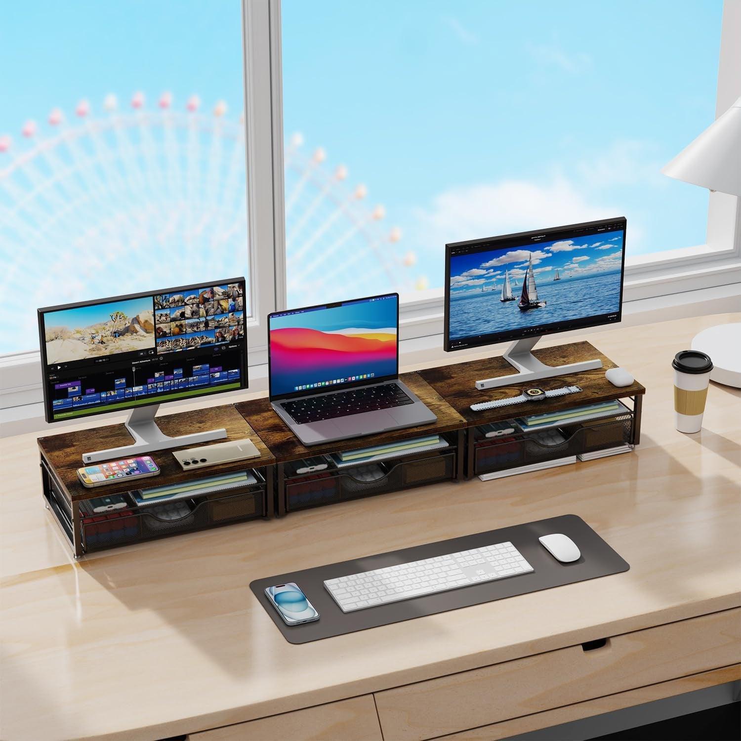 Computer Monitor Stand Riser, Office Organizer with Drawer, Office Organizers Storage for Classroom Office Supplies (Wood)