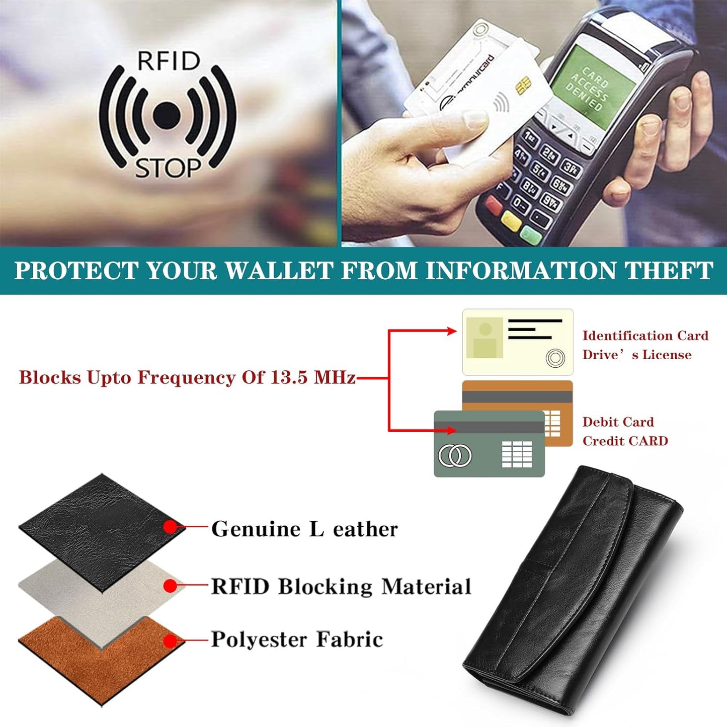 Womens Wallet Large Capacity Leather RFID Blocking Wallets for Women Clutch Credit Card Holder with Zipper Pocket