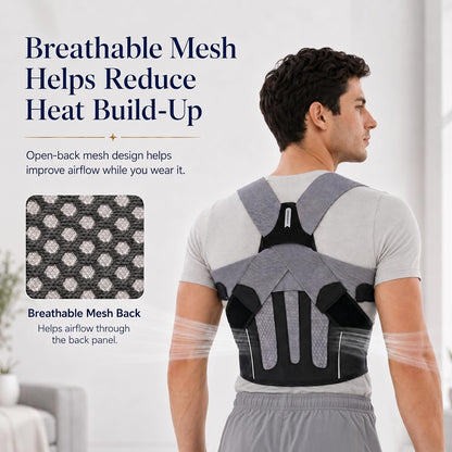Posture Corrector for Men, Adjustable Upper Back Brace with Breathable Mesh Back, 4 Flexible Support Stays & Underarm Fit Adjustment, Back Straightener Helps Reduce Slouching Strain for Desk Work, Sitting, Reading & Posture Training