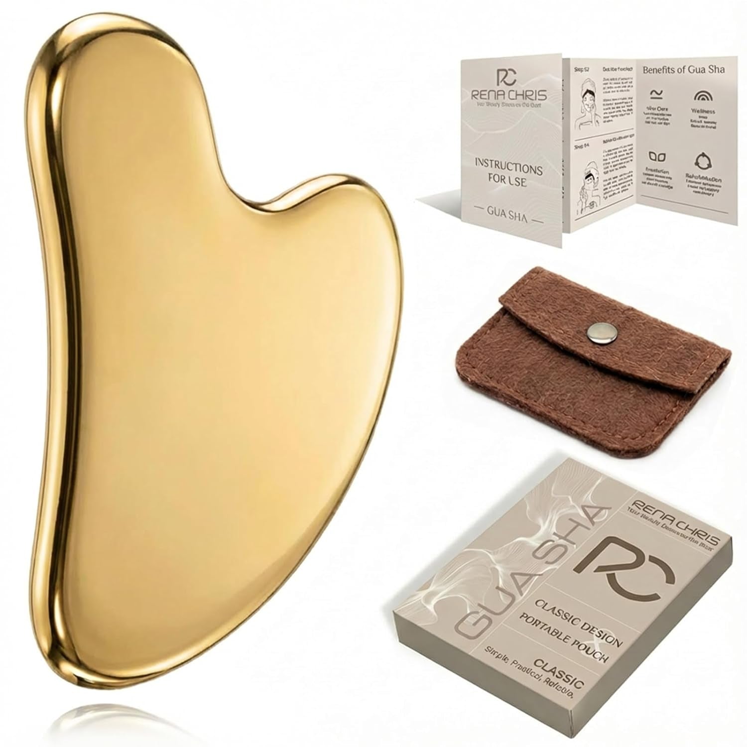 Gua Sha Facial Tools, Stainless Steel Guasha Tool for Acupuncture, Manual Massage Tool for Jawline Sculpting and Puffiness Reducing, Gua Sha Facial Massage Tool, Skin-Care Gift (Golden)