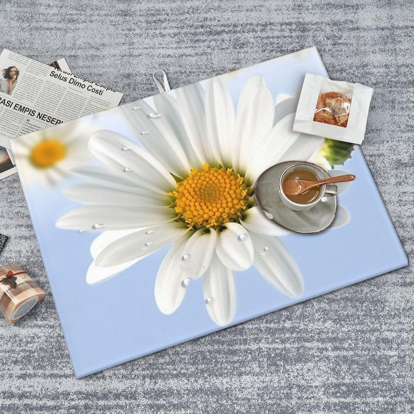 White Daisy Dish Drying Mat for Kitchen Counter Microfiber Dish Drying Pad XL Super Absorbent Dish Drainer Mats with Hook Large Kitchen Drying Mat 18X24 Inch