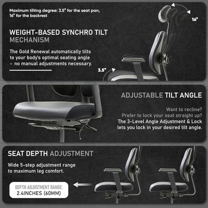 [Premium Dual-Backrests] Ergonomic Office Chair L Reduces Pressure by 50% - Leather Chair, Office Chair for Lumbar Support L Home Desk Chairs L Office Chair Back Support Made in Korea (Black Leather)