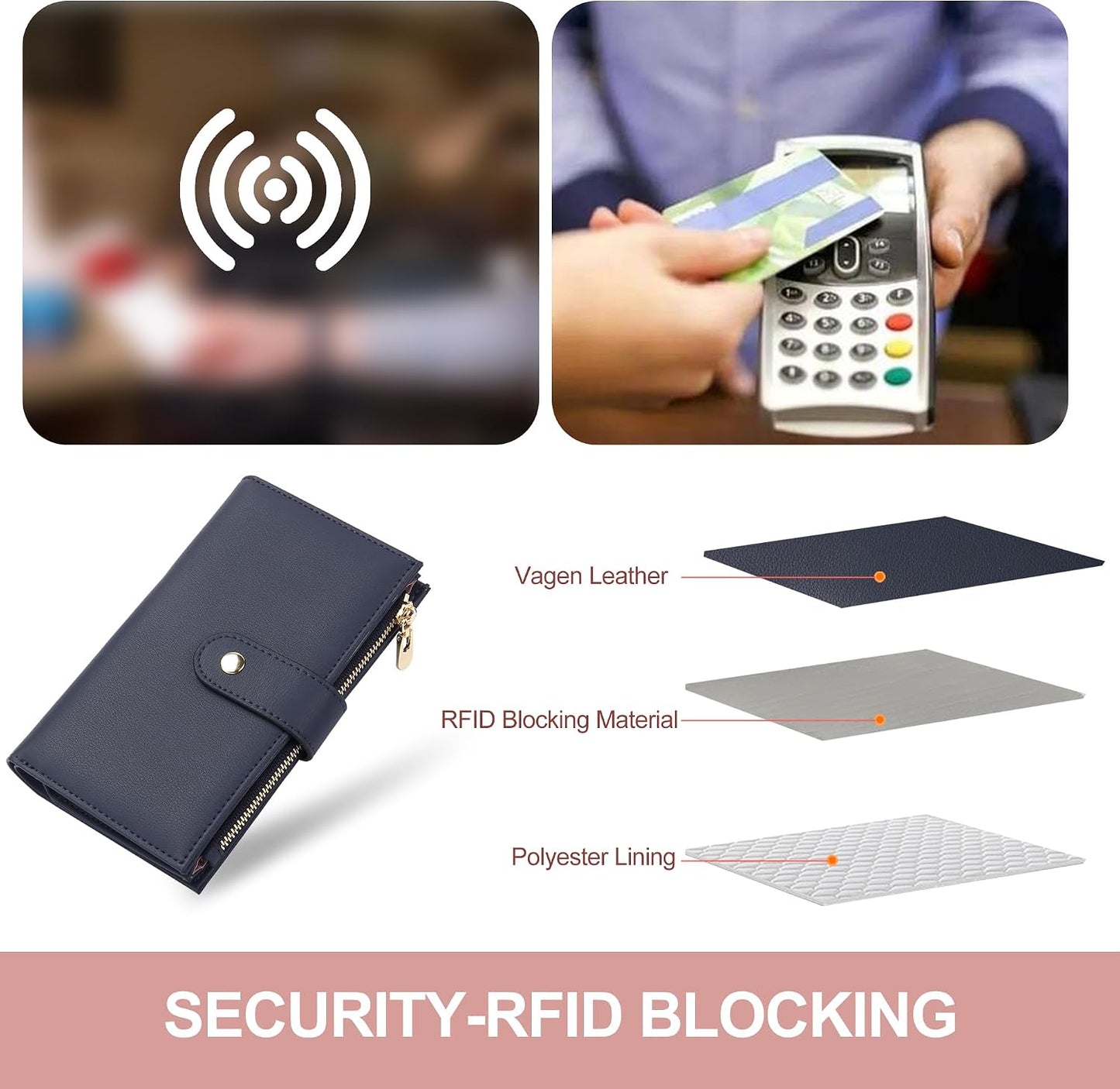 Wallet for Women RFID Blocking Leather Trifold Clutch Wallet Credit Card Holder Ladies Travel Wallet Purse with Pen Holder