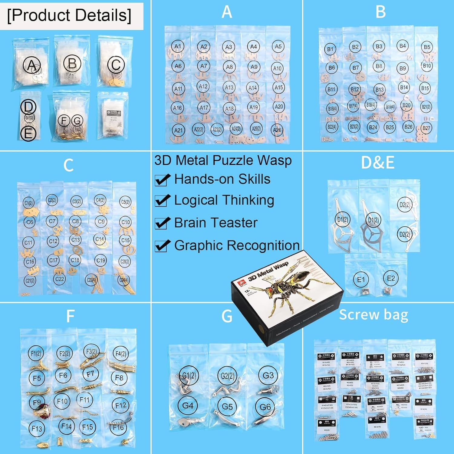 3D Metal Wasp Puzzles for Adults, Model Kits Mechanical Building Blocks, Difficult DIY for Assembly Gifts for Men Gold