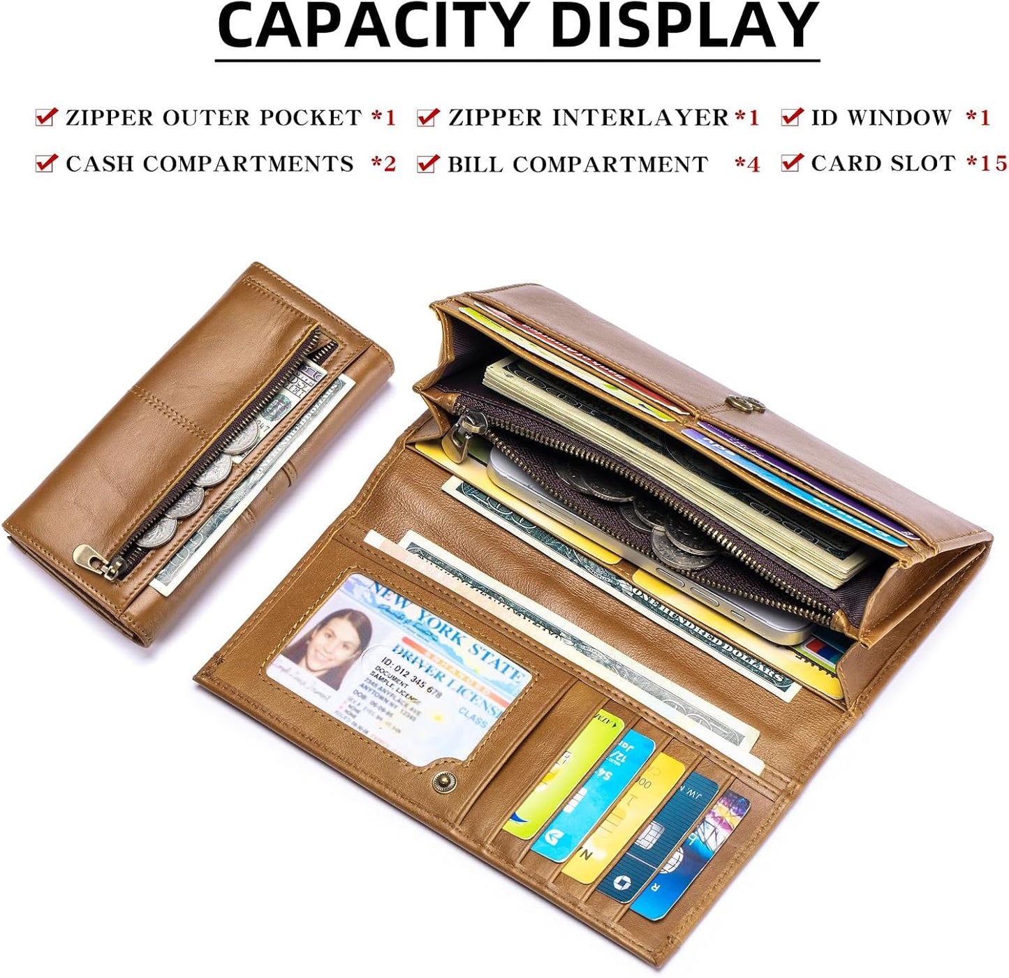 RFID Blocking Wallets for Women Leather Long Ladies Wallet Bifold Womens Wallet with Coin Pocket ID Window,Brown