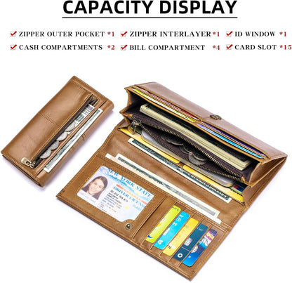 RFID Blocking Wallets for Women Leather Long Ladies Wallet Bifold Womens Wallet with Coin Pocket ID Window,Brown