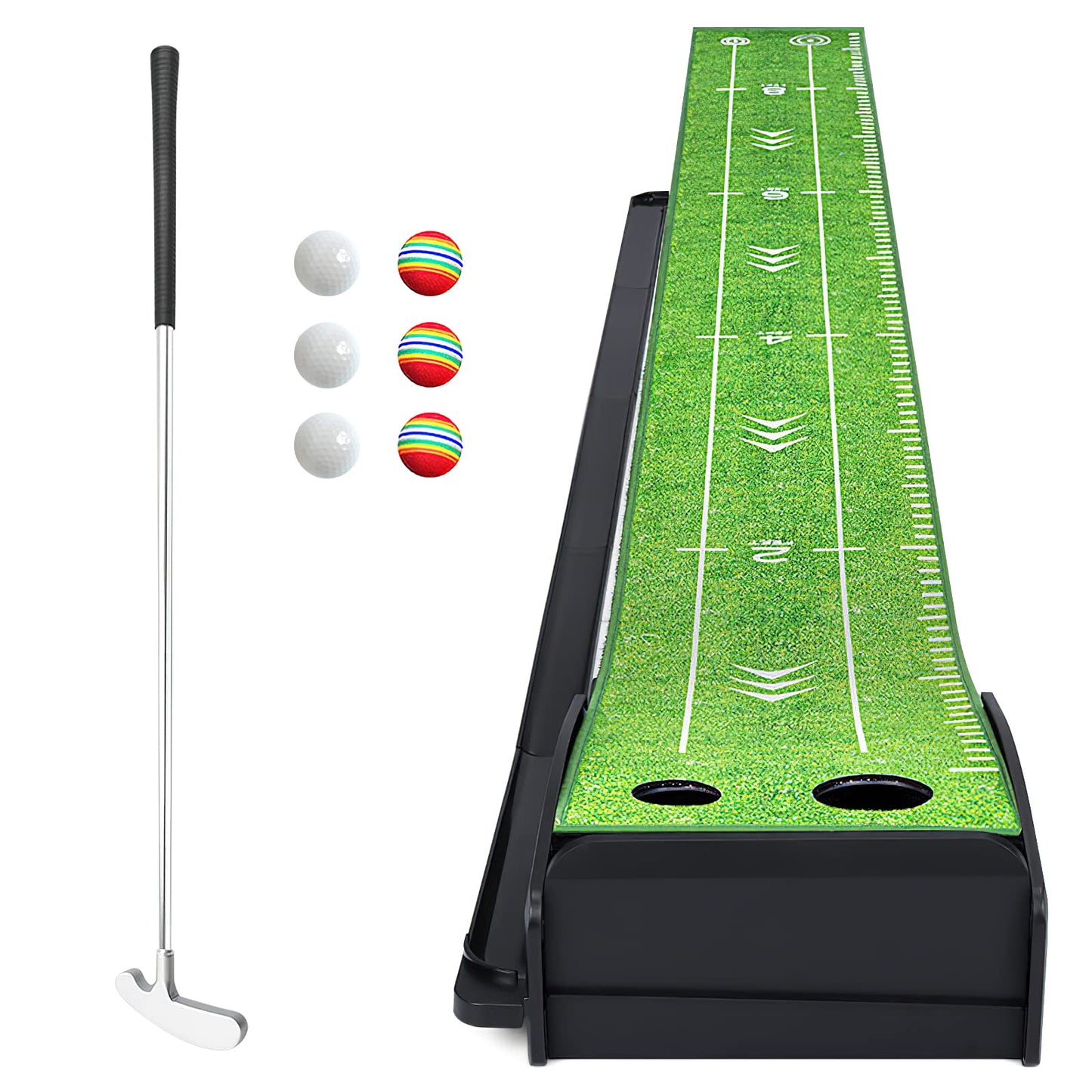 Losbenco Golf Putting Green Mat with Putter and 6 Golf Balls Golf Putting Practice Mat Equipment with Auto Ball Return System for Home Office Backyard Indoor Outdoor Use