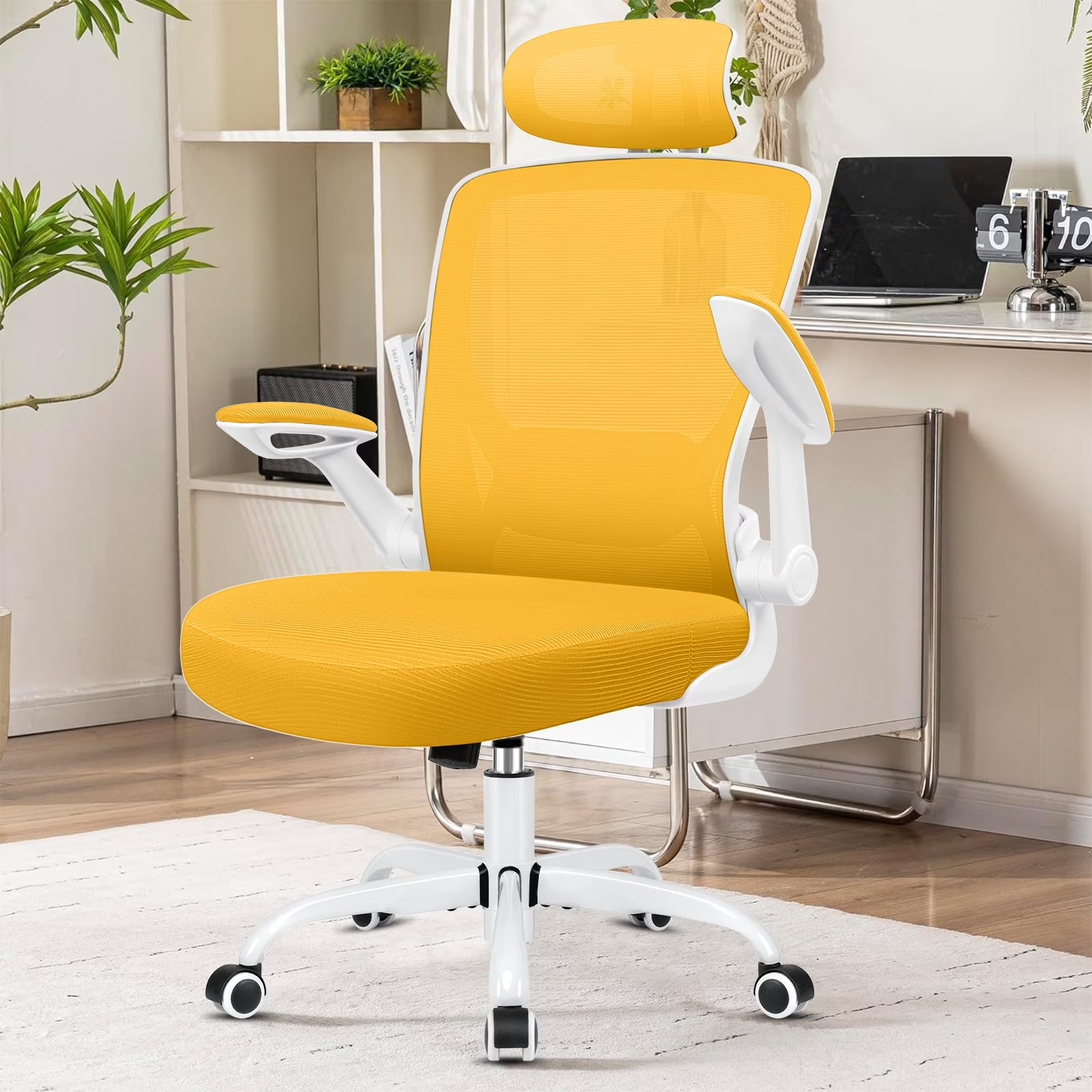 Office Chair Ergonomic Desk Chair, High Back Office Chair with Headrest, Big and Tall Comfy Home Office Desk Chair Lumbar Support Breathable Mesh Office Chair, Yellow