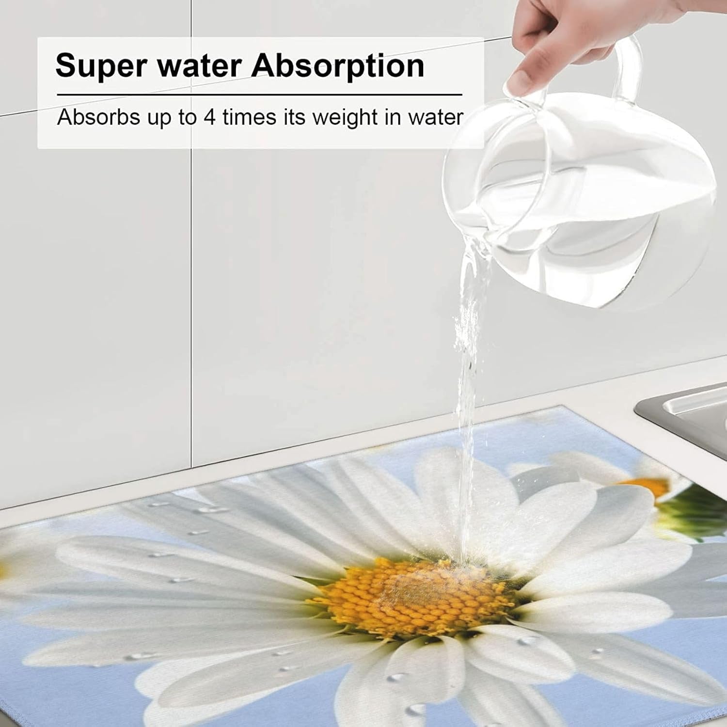 White Daisy Dish Drying Mat for Kitchen Counter Microfiber Dish Drying Pad XL Super Absorbent Dish Drainer Mats with Hook Large Kitchen Drying Mat 18X24 Inch