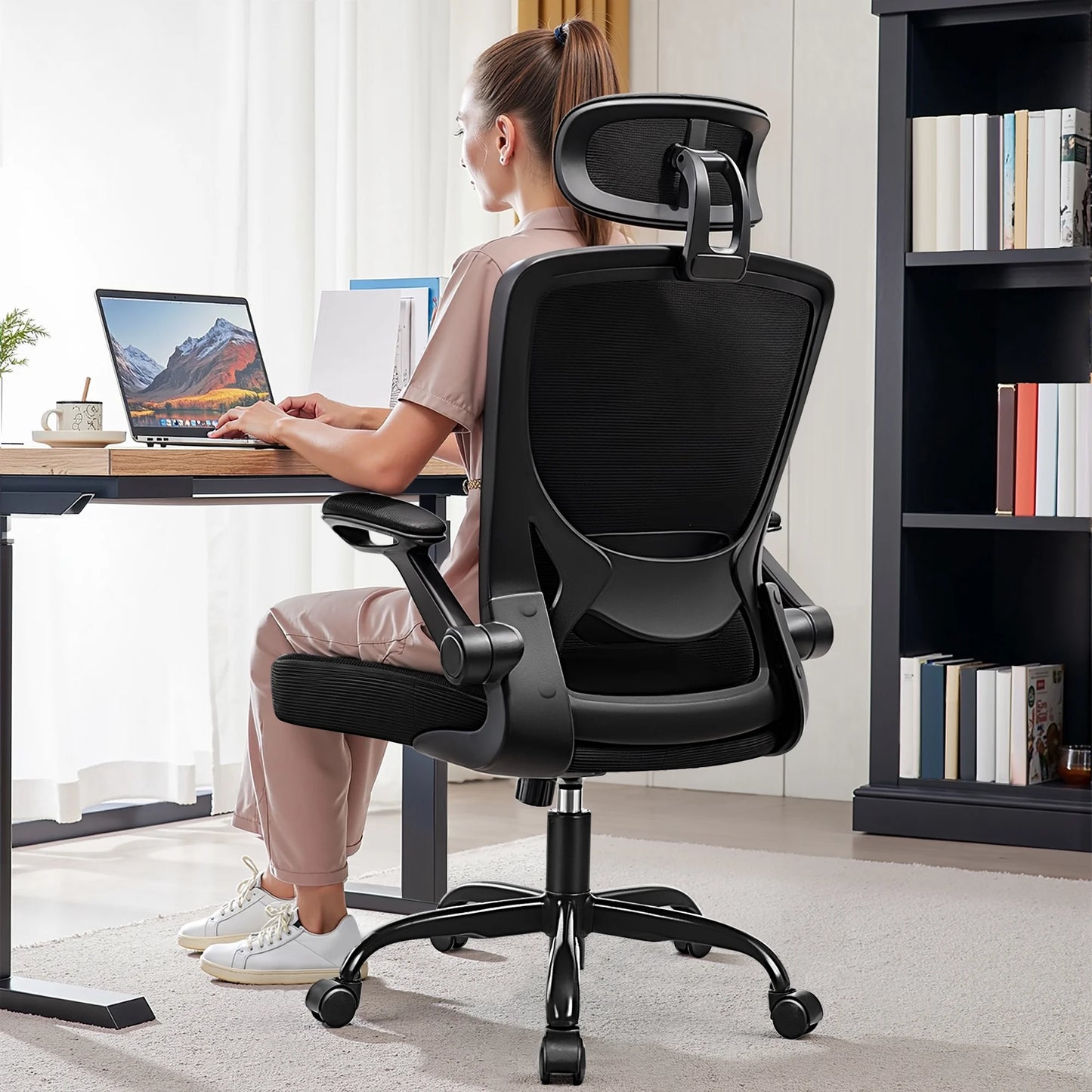 Office Chair Ergonomic Desk Chair, High Back Office Chair with Headrest, Big and Tall Comfy Home Office Desk Chair Lumbar Support Breathable Mesh Office Chair, Black