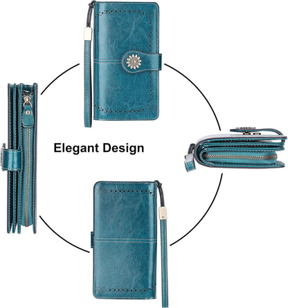 Womens Large Capacity Genuine Leather RFID Blocking Wallets Wristlet Clutch Card Holder