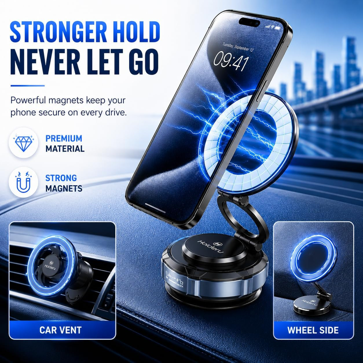 Magnetic Car Phone Mount for Magsafe – 3 Holder Bundle (Dashboard, Air Vent & Steering Side) Strong Magnetic Hold with Premium Build Quality - Car Phone Holder for Iphone 17 Pro Max & All Phones