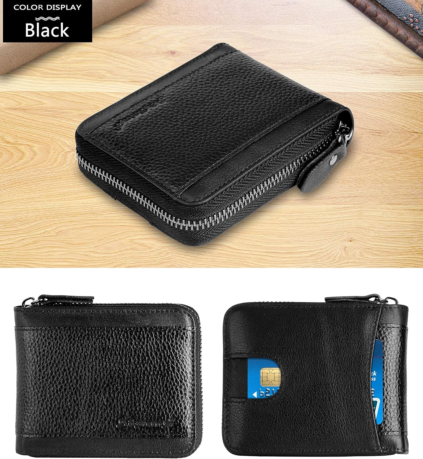 Mens RFID Blocking Wallets Zipper Leather Wallet for Men Bifold RFID Card Holder