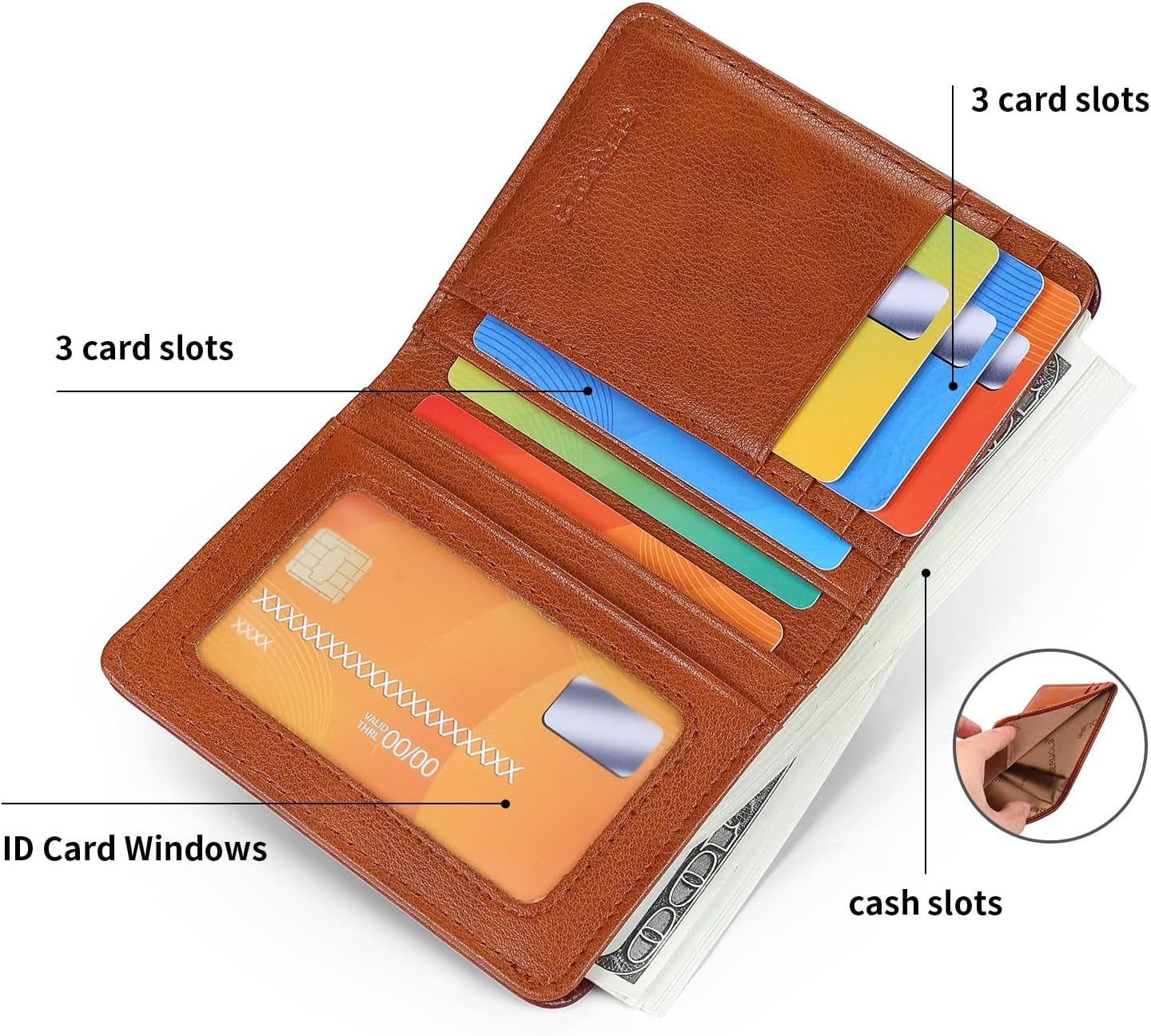Bifold Slim Men Wallet Genuine Leather Thin, Small Vertical RFID Blocking Wallets for Men ，Compact & Stylish with Clear ID Windows (Brown)