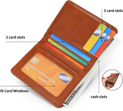 Bifold Slim Men Wallet Genuine Leather Thin, Small Vertical RFID Blocking Wallets for Men ，Compact & Stylish with Clear ID Windows (Brown)