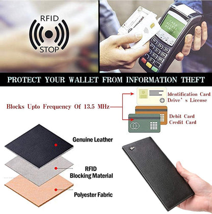RFID Bifold Wallets Slim Credit Card Wallet Real Leather Mens Long Wallet with Zipper Coin Pocket