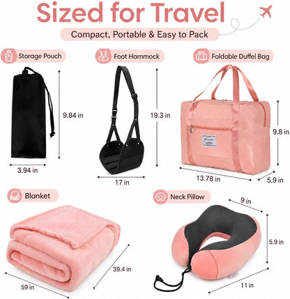 Travel Pillow and Blanket Set & Foot Rest, Memory Foam Neck Pillow Airplane Blanket & Airplane Foot Hammock & Foldable Duffel Bag, Eye Mask & Earplugs, Portable Travel Accessories Essentials, Pink