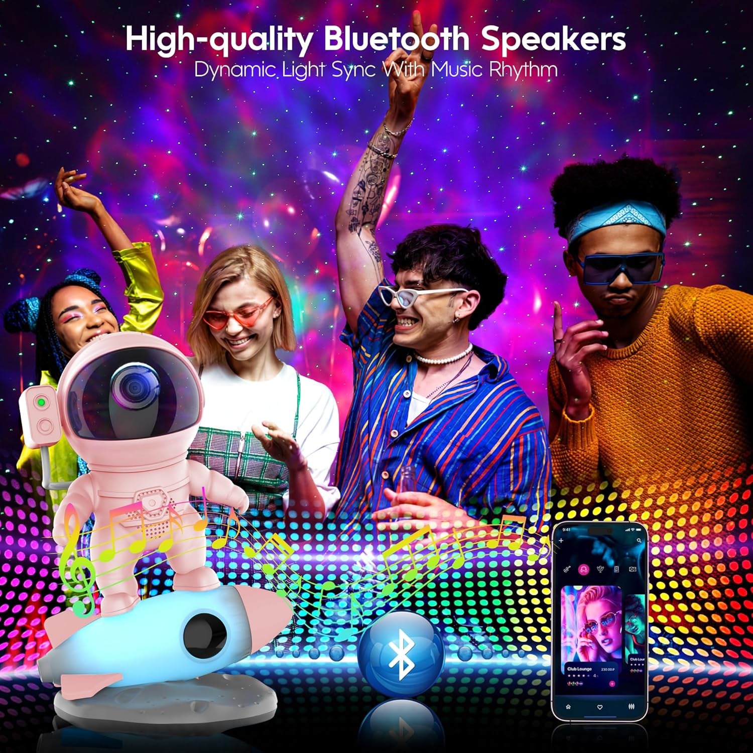 Astronaut Galaxy Projector, Star Nebula Projector with Rocket Lamp, Night Lights LED Star Projectors for Bedroom, Remote Control, White Noises, Bluetooth Speaker for Bedroom