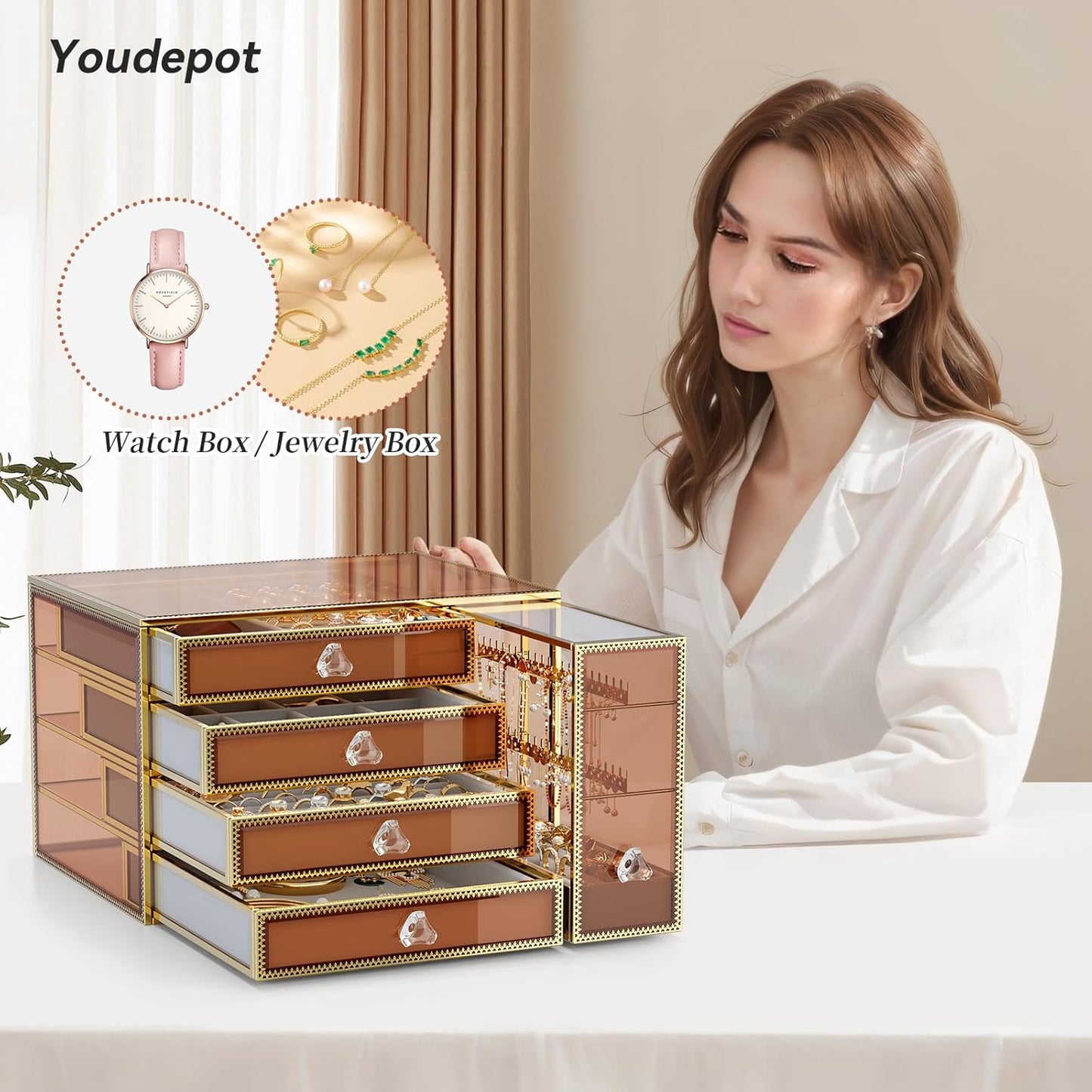 Youdepot Tempered Glass Makeup Organizer Countertop for Vanity & Skincare + 5-Drawer Glass Jewelry Box Organizer for Women with Velvet Storage