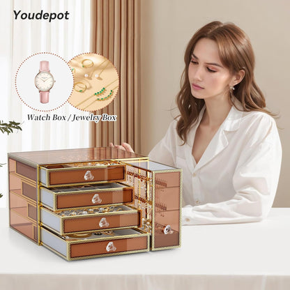 Youdepot Tempered Glass Makeup Organizer Countertop for Vanity & Skincare + 5-Drawer Glass Jewelry Box Organizer for Women with Velvet Storage