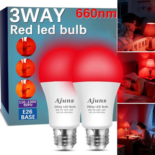 3Way Bulb Red Light Bulbs, 660Nm Red Light Bulb, E26 A19 3Way Bulb 5/10/15W, 3Way LED Bulb for Sleep, Reading, Desk Lamps, Floor Lamps, 2Packs