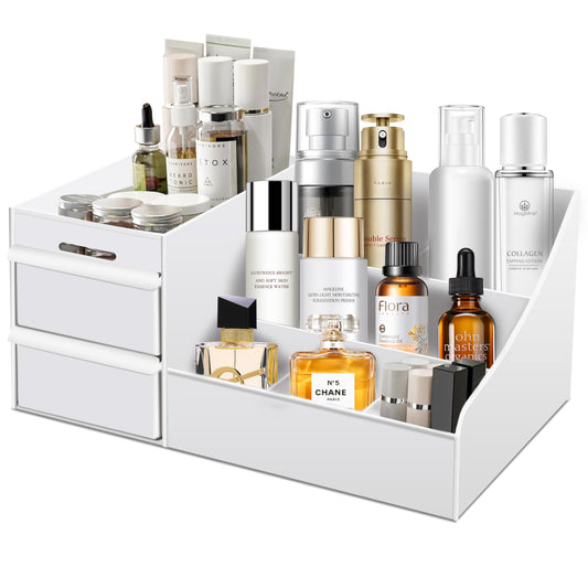 Large Makeup Organizer with Drawers - Multi-Functional Vanity and Countertop Storage for Cosmetics Skincare Perfume Nail Polish Brushes - Compact Desk and Bathroom Organizer for Women’s Gifts