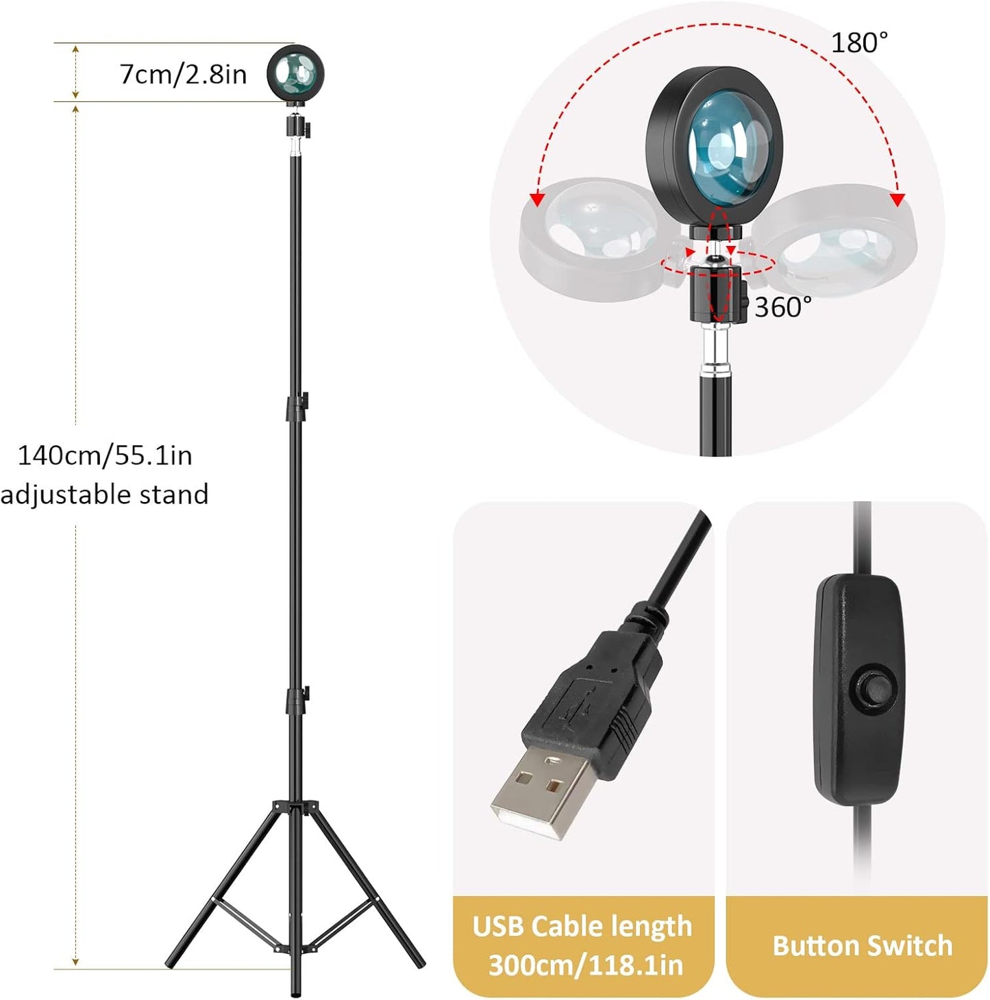 Sunset Floor Lamp Projection 140Cm Adjustable Stand Led Night Light 360 Degree Rotation Network Light with 3M USB Cable Floor Light for Living Room Bedroom