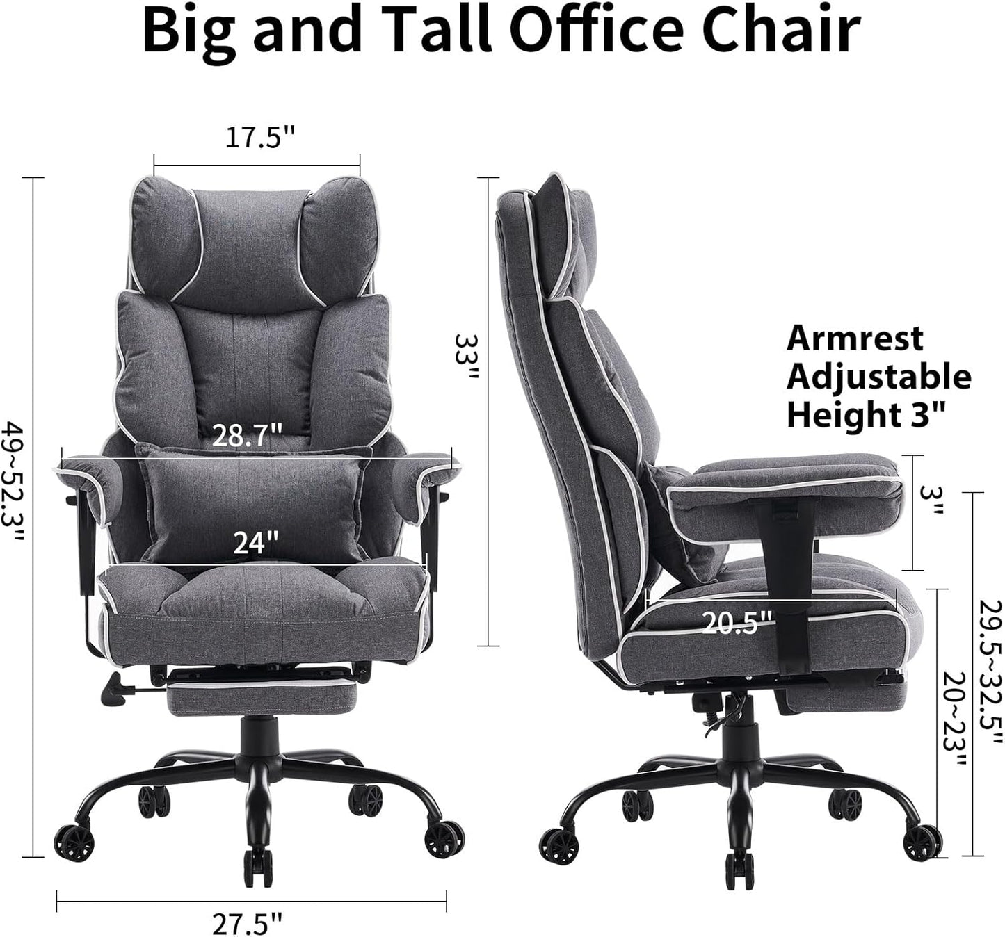 Fabric Office Chair, Big and Tall Office Chair 400 Lb Weight Capacity, High Back Executive Office Chair with Foot Rest, Ergonomic Office Chair for Back Pain Relief, Gray
