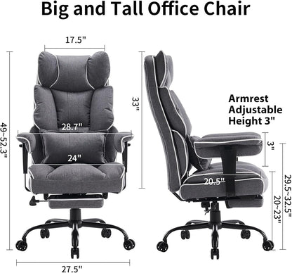 Fabric Office Chair, Big and Tall Office Chair 400 Lb Weight Capacity, High Back Executive Office Chair with Foot Rest, Ergonomic Office Chair for Back Pain Relief, Gray
