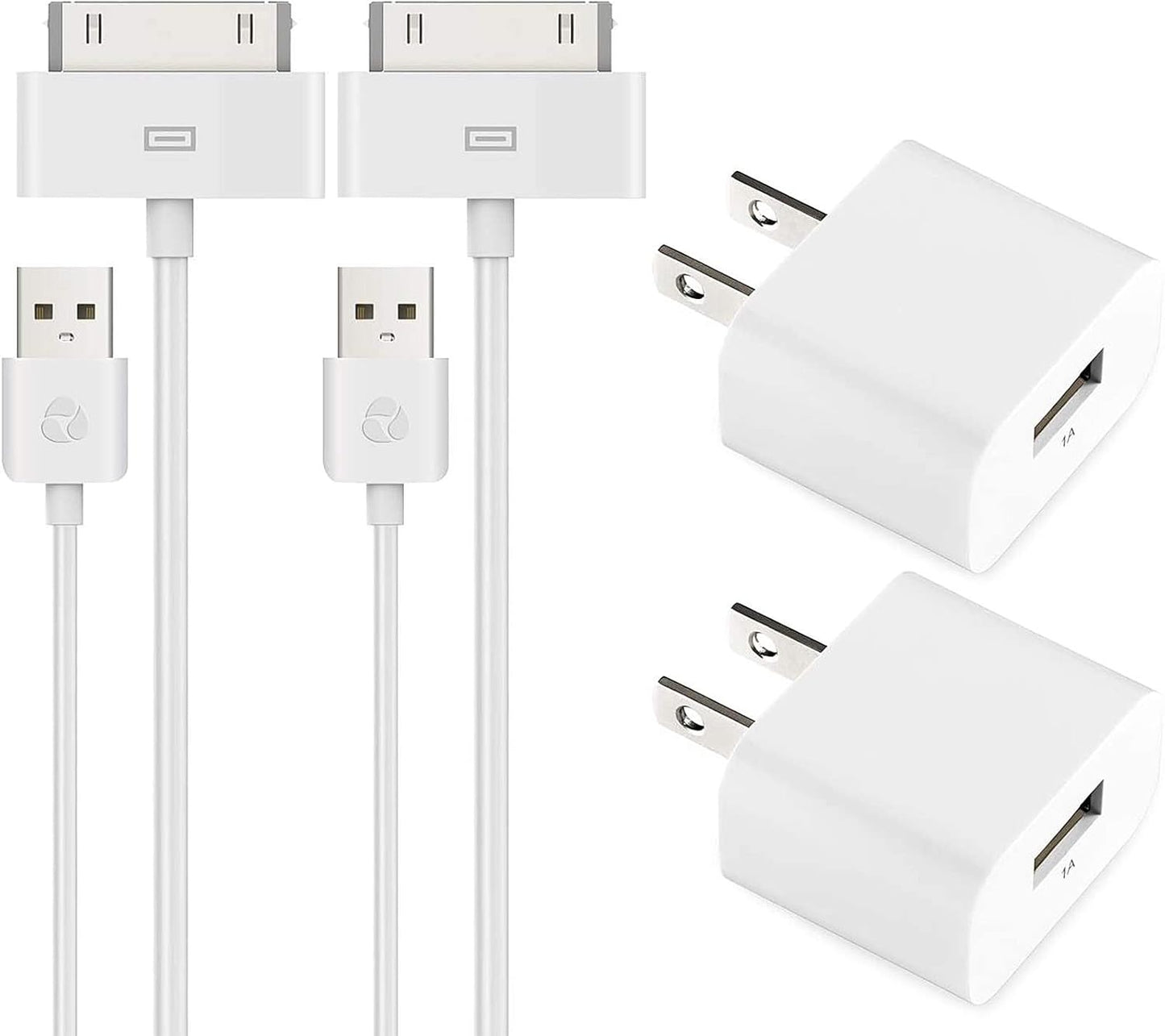 Certified 6 Feet 30 Pin USB Charging Cable with 5W USB Power Adapter for Iphone 4/4S, Iphone 3G/3GS, Ipad 1/2/3, Ipod Touch 1/2/3/4 (2 Pack)