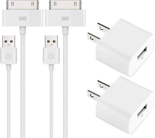 Certified 6 Feet 30 Pin USB Charging Cable with 5W USB Power Adapter for Iphone 4/4S, Iphone 3G/3GS, Ipad 1/2/3, Ipod Touch 1/2/3/4 (2 Pack)