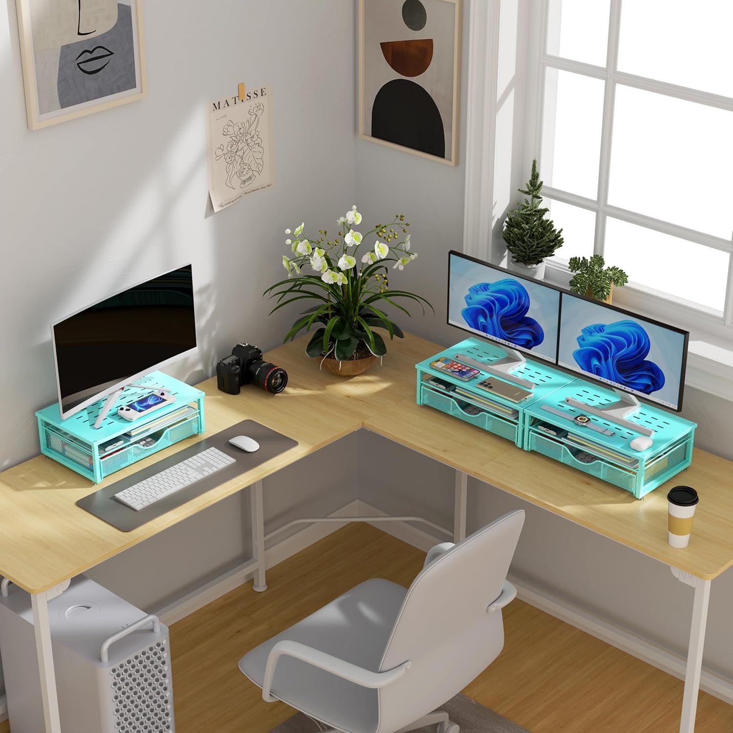 Computer Monitor Stand Riser, Office Organizer with Drawer, Office Organizers Storage for Classroom Office Supplies (Blue)
