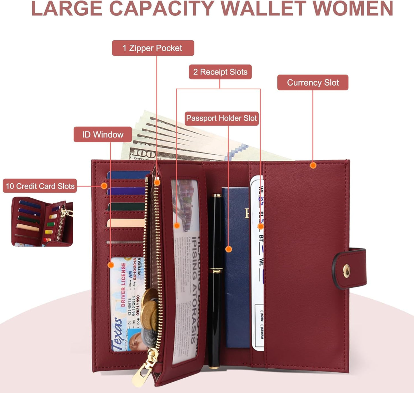 Womens Wallet RFID Blocking Leather Trifold Clutch Wallet Credit Card Holder Ladies Travel Wallet Purse with Pen Holder