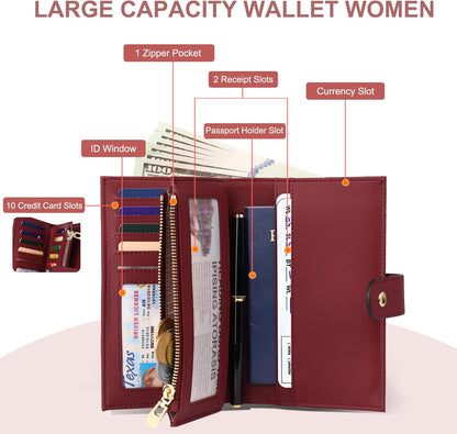 Womens Wallet RFID Blocking Leather Trifold Clutch Wallet Credit Card Holder Ladies Travel Wallet Purse with Pen Holder