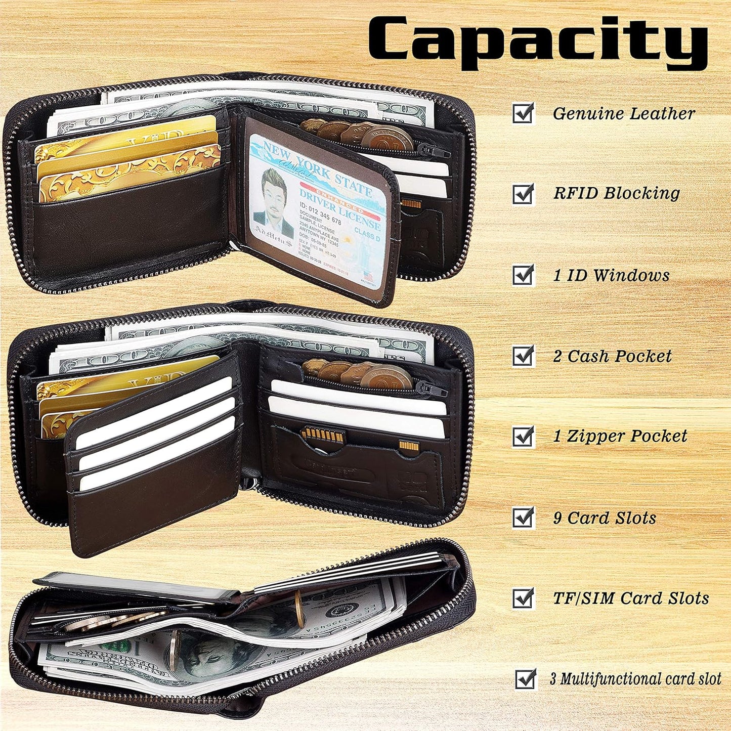 Mens RFID Blocking Wallets Zipper Leather Wallet for Men Bifold RFID Card Holder