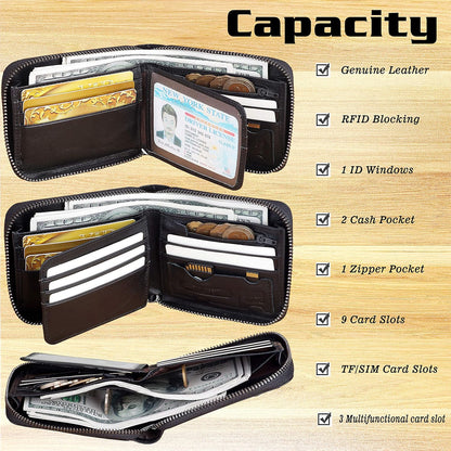Mens RFID Blocking Wallets Zipper Leather Wallet for Men Bifold RFID Card Holder