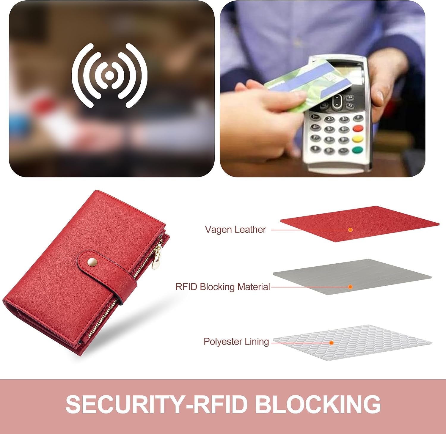 Womens Wallet RFID Blocking Leather Trifold Clutch Wallet Credit Card Holder Ladies Travel Wallet Purse with Pen Holder