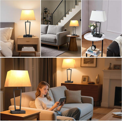 Hotel Style Modern Bedside Lamps Set of 2,Touch Control &3-Way Dimmable,Black Geometric Table Lamps with USB-C & USB-A Charging Ports for Bedroom,Nightstands,Living Room (2 Bulbs Included)