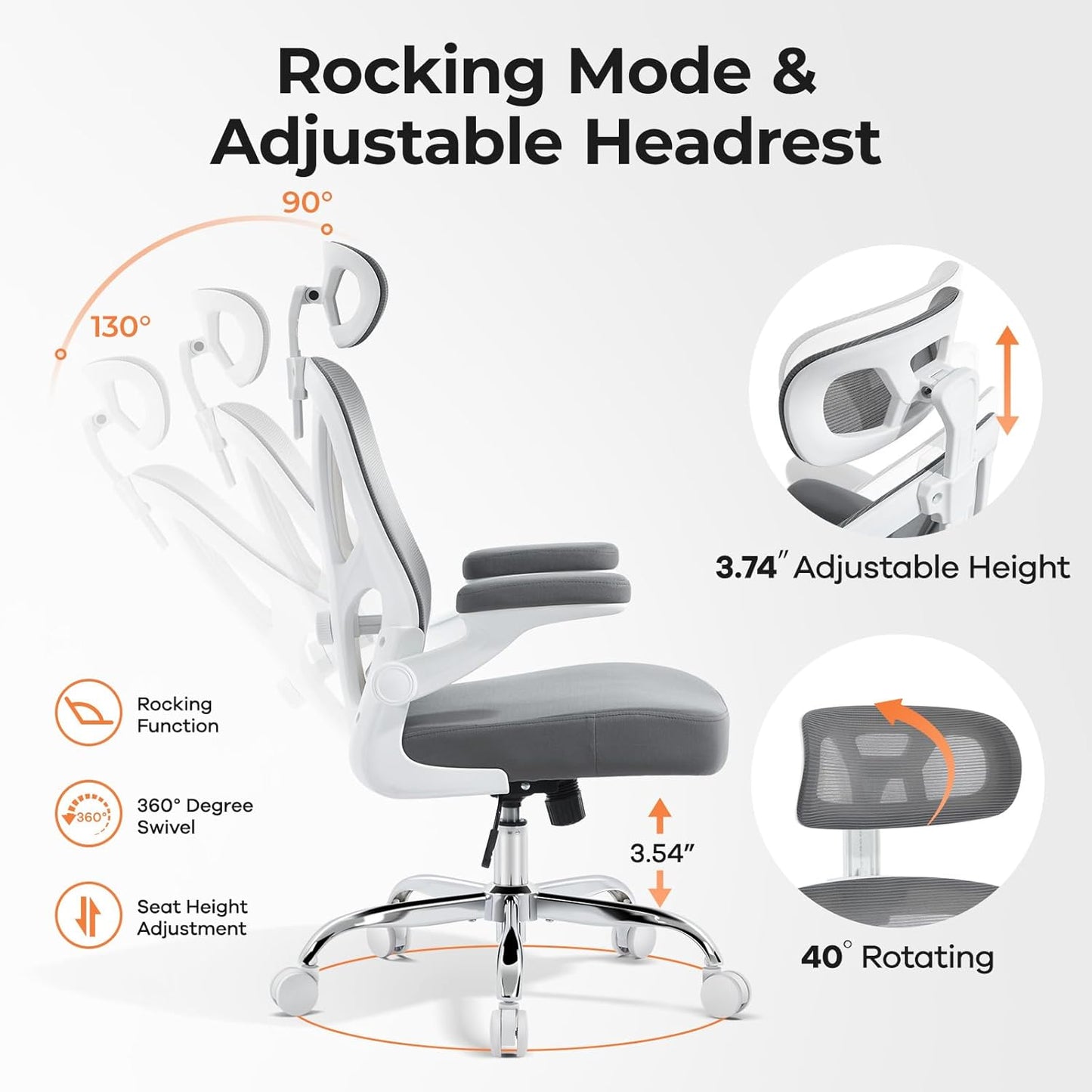 Office Chair Ergonomic Office Chair with Lumbar Support, Head Support, Rocking Function, Filp-Up Armrests, Mesh High Back Chair Home Office Desk Chair, Suitable for Home, Office, Grey