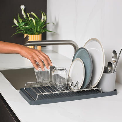 - Recycled Dish Draining Rack - Kitchen Sinkside Drainer - Holds up to 6 Plates - Removable Cutlery Basket - Stainless Steel Rack - Made in Britain (Grey, Compact)