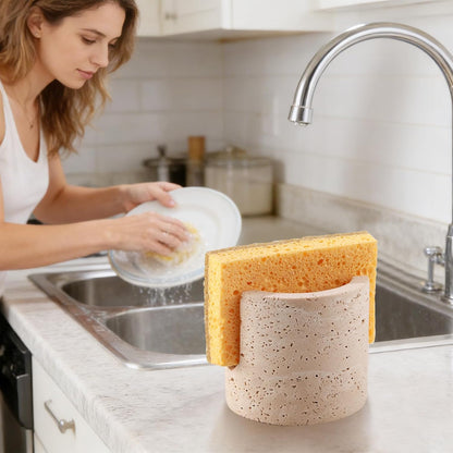 Marble Sponge Holder for Kitchen Sink - Heavy-Duty Real Travertine Stone Sink Caddy Organizer for Countertop, Rust Proof&Water Soap Dish Tray, Luxury Modern Farmhouse Kitchen Decor Accessories