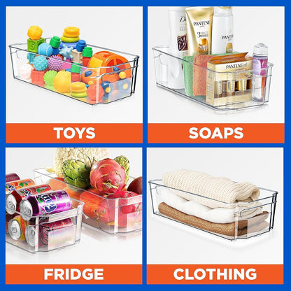 Refrigerator Organizer Bins 6-Piece - Plastic Storage Bins with Egg Holder - for Fridge, Freezer, Kitchen, Cabinet, Countertops, Pantry - Stackable Food & Drink Containers, 14.5"X7" - Clear