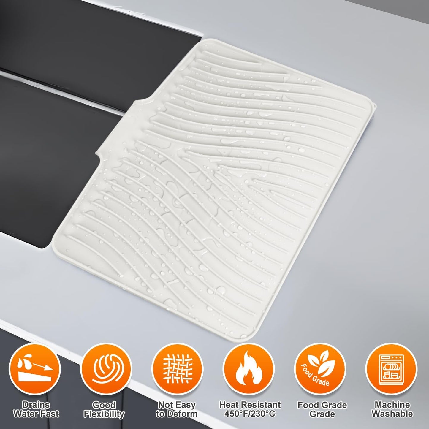 Silicone Dish Drying Mat for Kitchen Counter,Dish Drying Pad,Non-Slip Drain Pad with Built-In Drain,Heat Resistant Stone Drying Mat,15.8"X 13",Cream，1Set