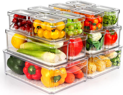 14 Pack Fridge Organizer, Stackable Refrigerator Organizer Bins with Lids, Bpa-Free Fridge Organizers and Storage Containers for Fruit, Vegetable, Food, Drinks, Cereals, Clear