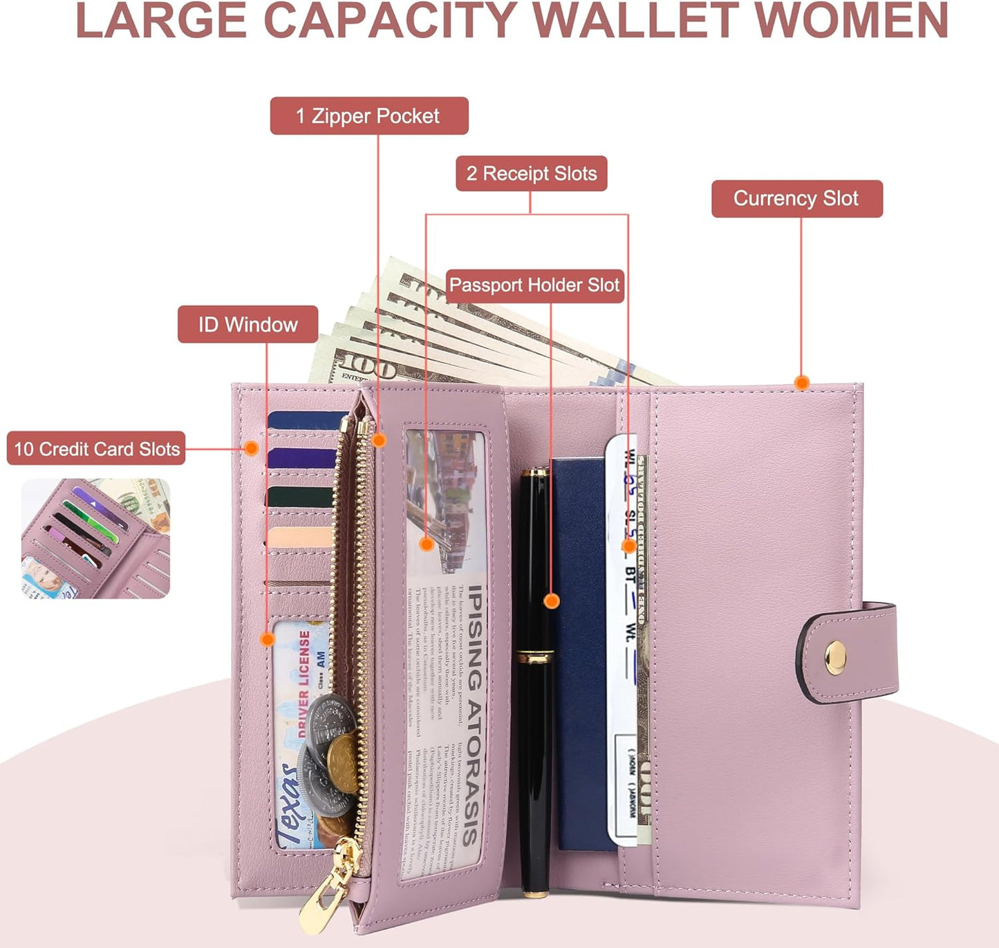 Womens Wallet RFID Blocking Leather Trifold Clutch Wallet Credit Card Holder Ladies Travel Wallet Purse with Pen Holder