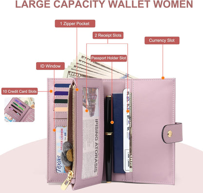 Womens Wallet RFID Blocking Leather Trifold Clutch Wallet Credit Card Holder Ladies Travel Wallet Purse with Pen Holder